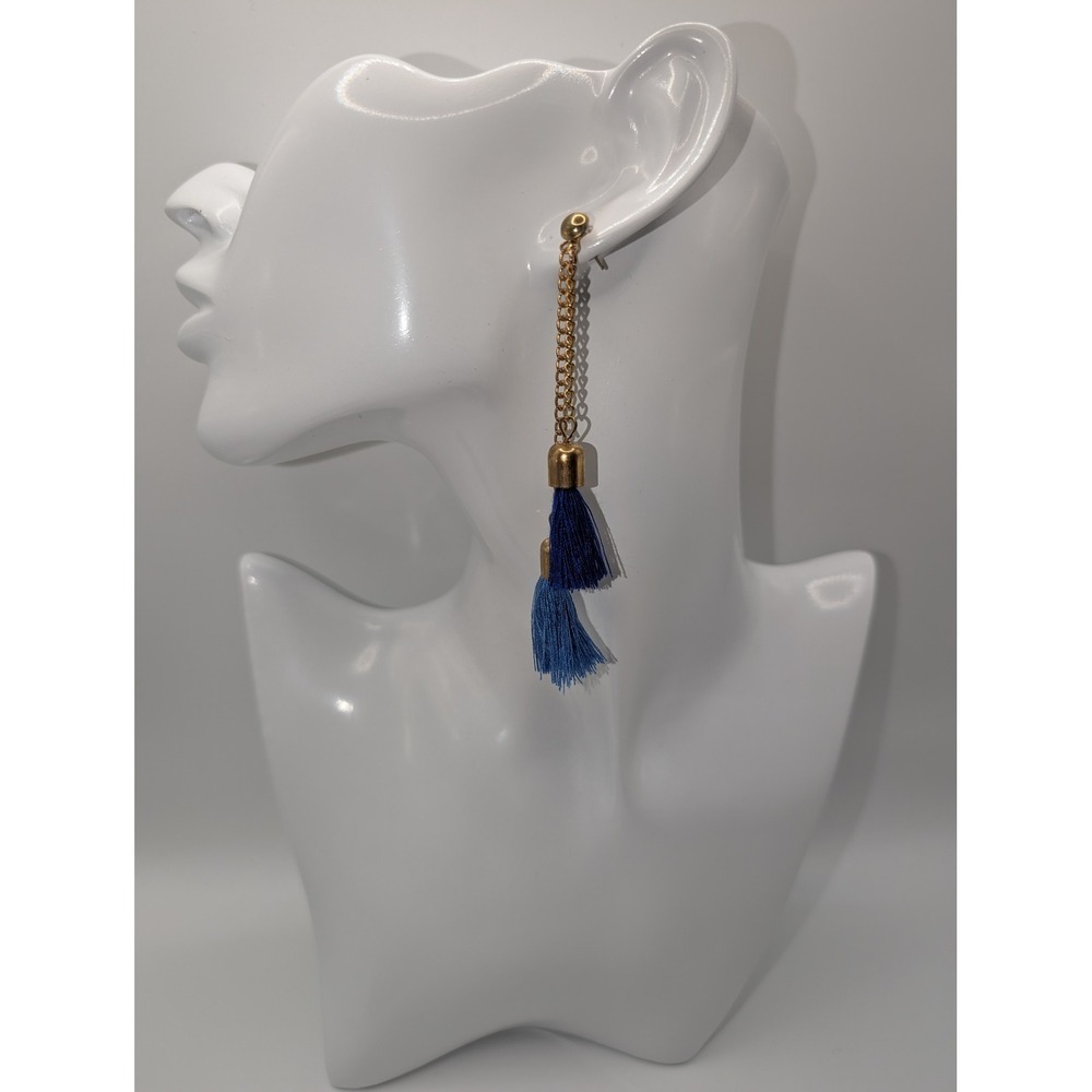 Handmade Navy & Light Blue Tassel Gold Chain Dangle Earrings 4" NEW (Pair #2)